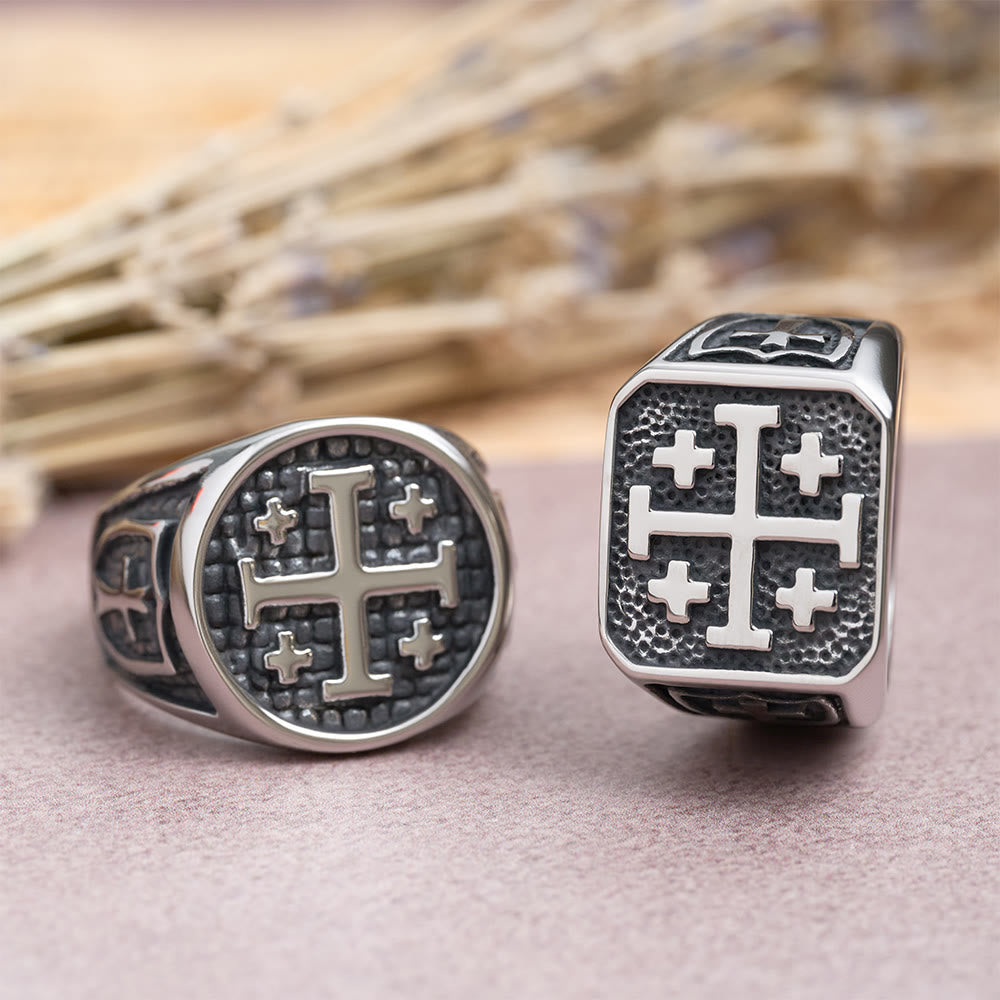Christianartworkshop Anillo de sello redondo y cuadrado con la Cruz de Jerusalén: Emblema de la unidad de la fe. - image 1