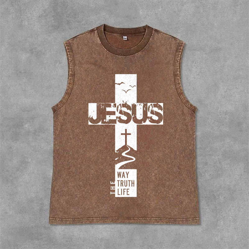 Christianartworkshop Camiseta sin mangas unisex lavada con la frase "Jesús, el camino, la verdad, la vida" - Marrón - 2XL - image 0