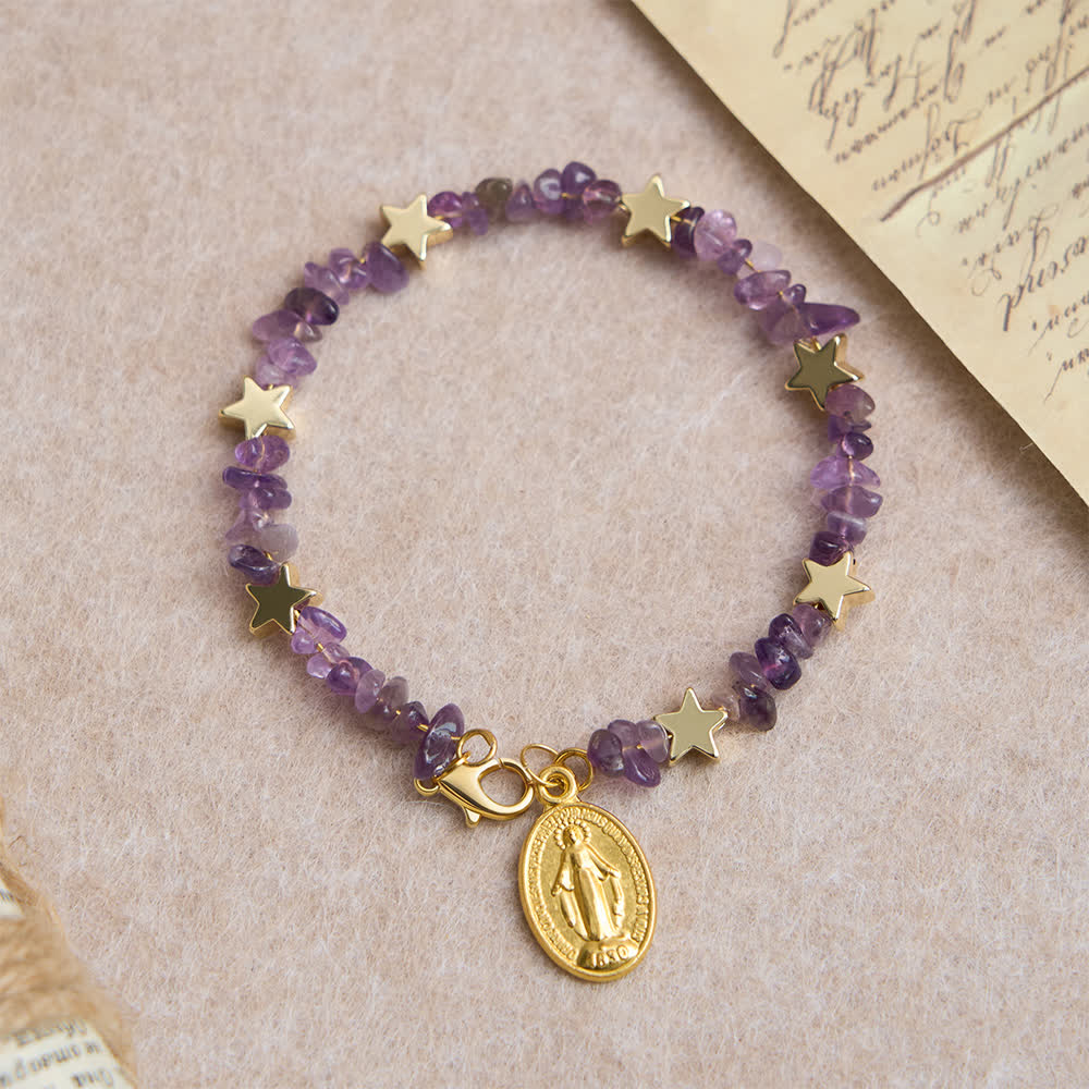 Christianartworkshop Pulsera de rosario con alambre de memoria y fragmentos de amatista natural, con medalla de la Virgen María. - image 5