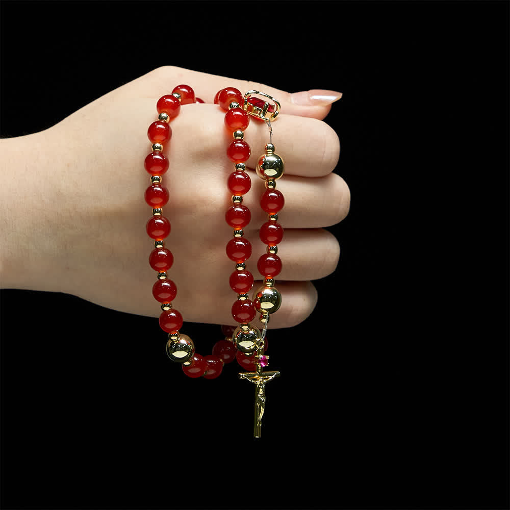 Christianartworkshop Rosario del Sagrado Corazón del Amor Divino con elegante cristal rojo y crucifijo dorado. - image 1