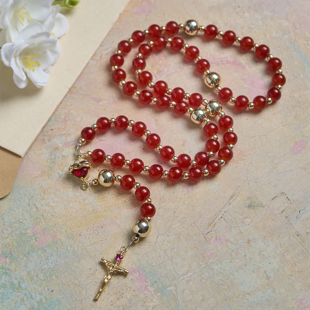Christianartworkshop Rosario del Sagrado Corazón del Amor Divino con elegante cristal rojo y crucifijo dorado. - Sagrado Corazón y Crucifijo - image 0