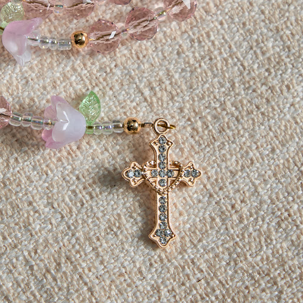 Christianartworkshop Rosario de devoción al lirio de los valles con detalles de la Virgen María y cuentas rosas. - image 8