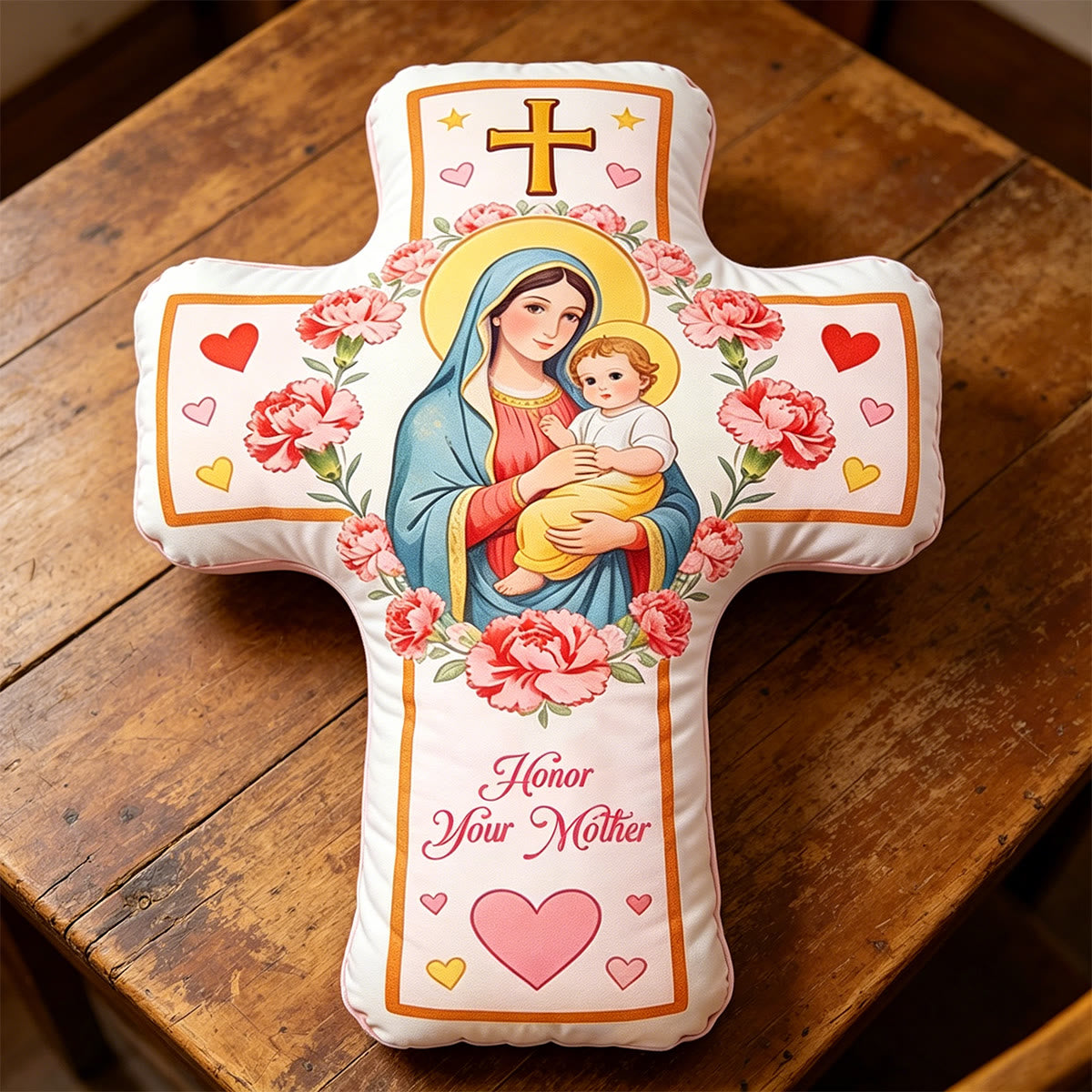 Christianartworkshop Cojín con cruz de la Virgen y estampado de corazones florales: Cojín decorativo cálido inspirado en la fe para el hogar - image 2