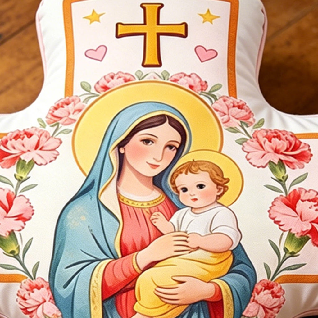 Christianartworkshop Cojín con cruz de la Virgen y estampado de corazones florales: Cojín decorativo cálido inspirado en la fe para el hogar - image 4