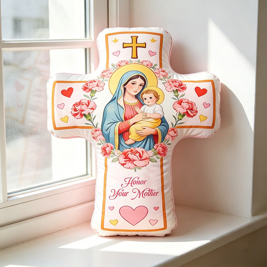 Christianartworkshop Cojín con cruz de la Virgen y estampado de corazones florales: Cojín decorativo cálido inspirado en la fe para el hogar - image 5