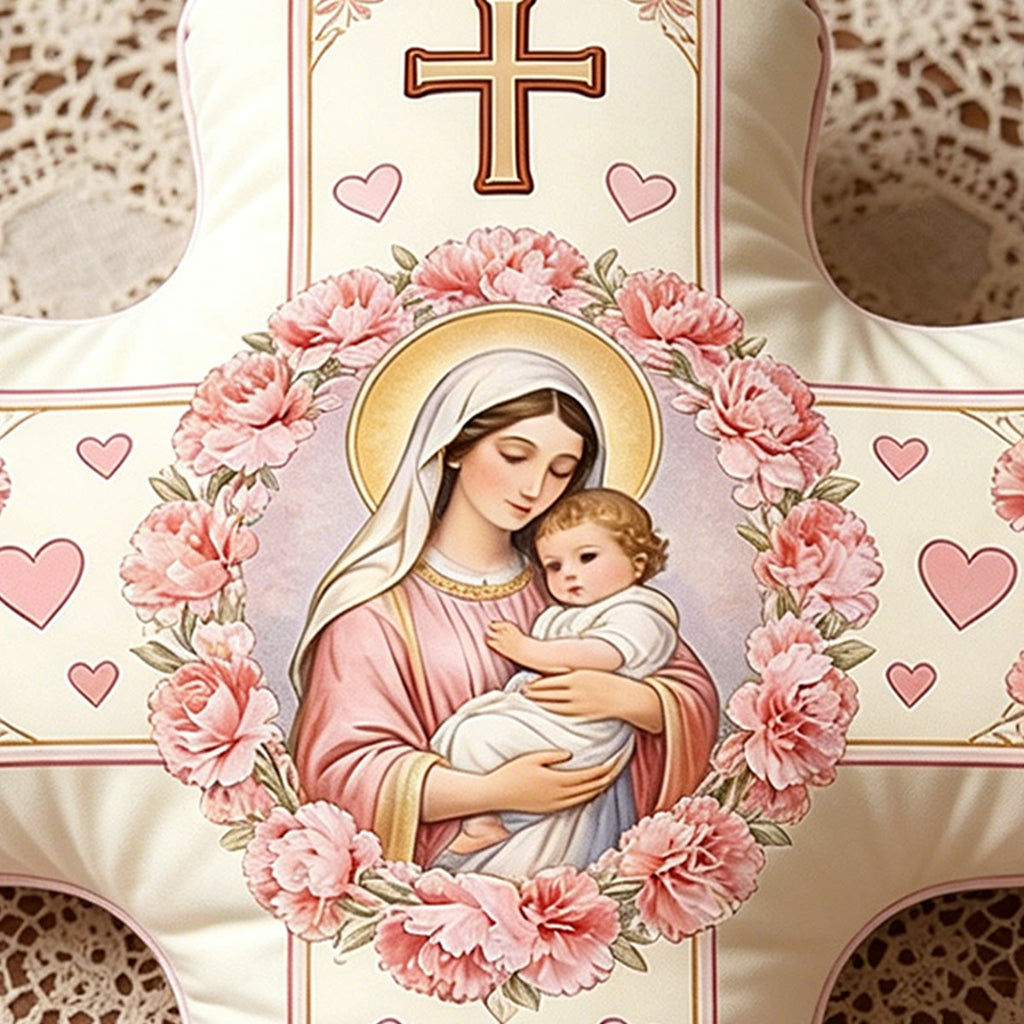 Christianartworkshop Cojín con forma de cruz floral de Nuestra Señora y el Niño Jesús: Símbolo sagrado del tierno amor maternal y la gracia eterna. - image 2