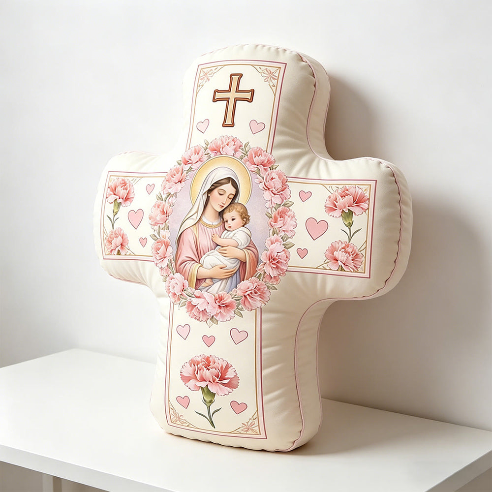 Christianartworkshop Cojín con forma de cruz floral de Nuestra Señora y el Niño Jesús: Símbolo sagrado del tierno amor maternal y la gracia eterna. - image 1