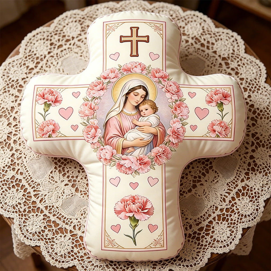 Christianartworkshop Cojín con forma de cruz floral de Nuestra Señora y el Niño Jesús: Símbolo sagrado del tierno amor maternal y la gracia eterna. - image 5