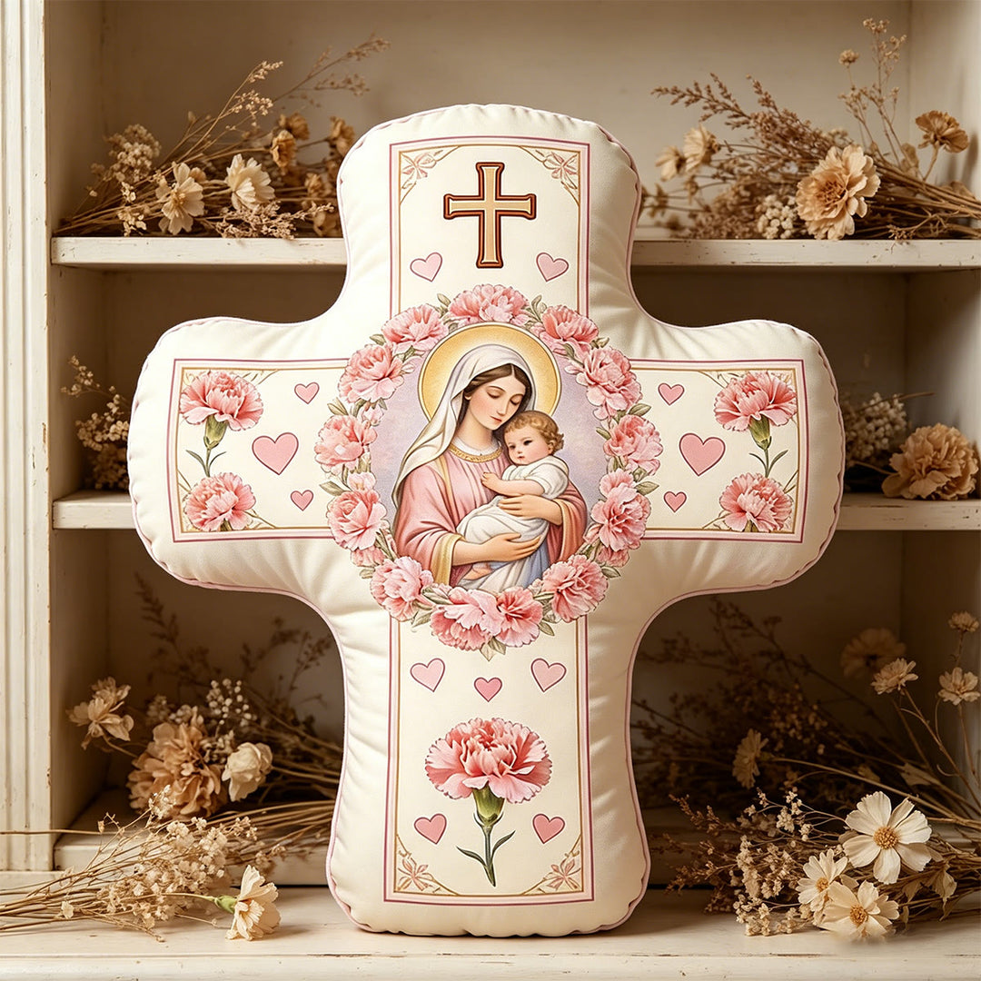 Christianartworkshop Cojín con forma de cruz floral de Nuestra Señora y el Niño Jesús: Símbolo sagrado del tierno amor maternal y la gracia eterna. - 24" (60 cm) - image 0