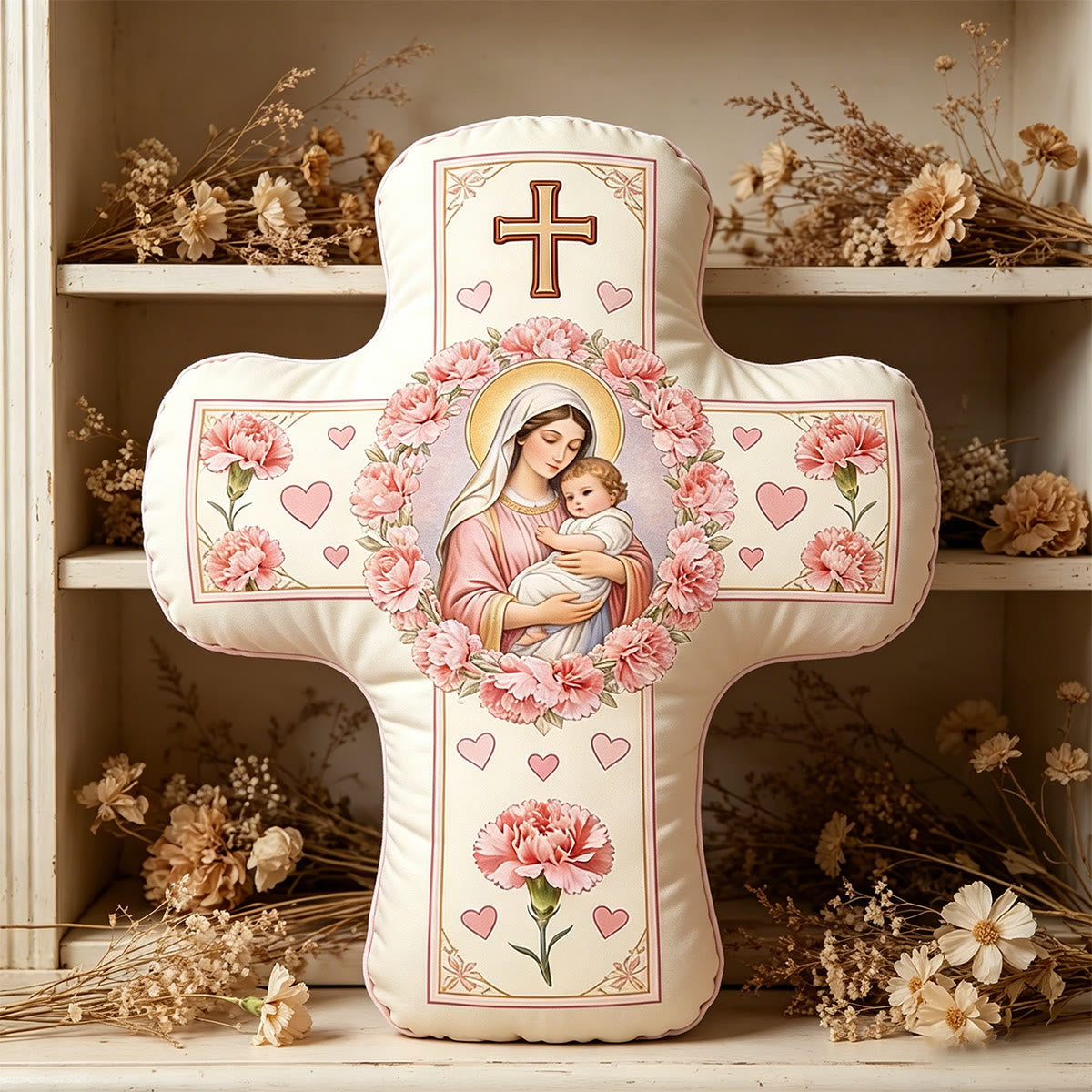 Christianartworkshop Cojín con forma de cruz floral de Nuestra Señora y el Niño Jesús: Símbolo sagrado del tierno amor maternal y la gracia eterna. - 24" (60 cm) - image 0
