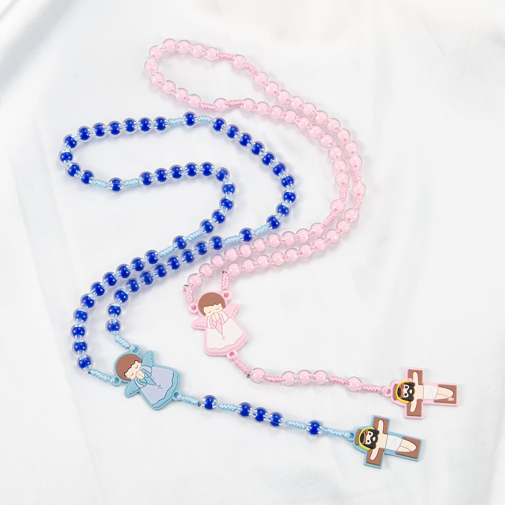 Christianartworkshop Rosario infantil con dibujos animados: Medalla de ángel y colgante de cruz de Jesús (rosa/azul) - image 1