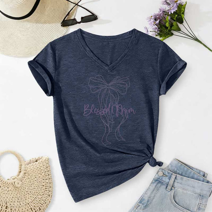 Christianartworkshop Camiseta informal con cuello en V y estampado de lazo "Blessed Mom" - Azul marino - 2XL - image 18