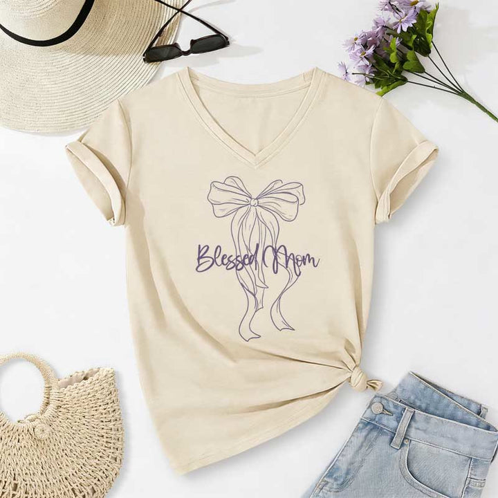 Christianartworkshop Camiseta informal con cuello en V y estampado de lazo "Blessed Mom" - Beige - 2XL - image 6