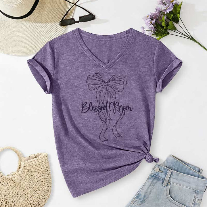 Christianartworkshop Camiseta informal con cuello en V y estampado de lazo "Blessed Mom" - Púrpura - 2XL - image 0