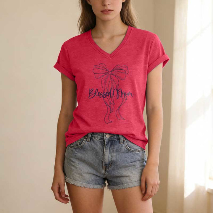 Christianartworkshop Camiseta informal con cuello en V y estampado de lazo "Blessed Mom" - image 23