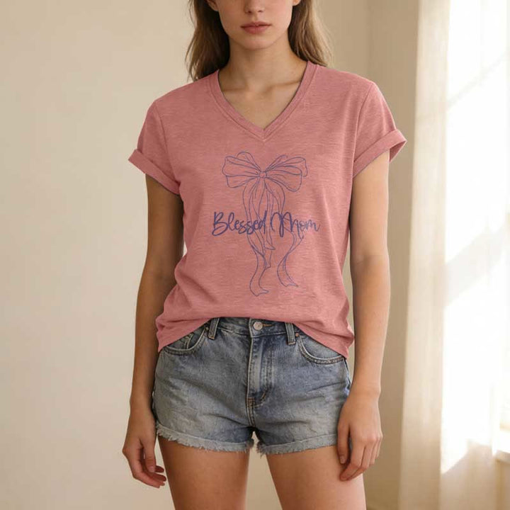 Christianartworkshop Camiseta informal con cuello en V y estampado de lazo "Blessed Mom" - image 13
