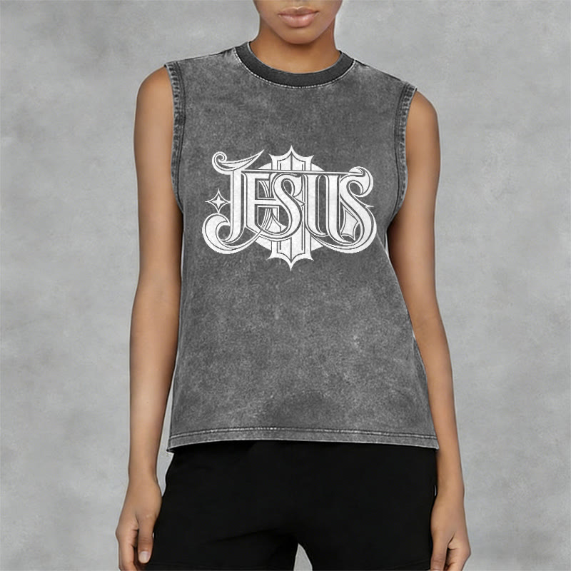 Christianartworkshop Camiseta sin mangas unisex lavada con la letra gótica JESÚS - image 5