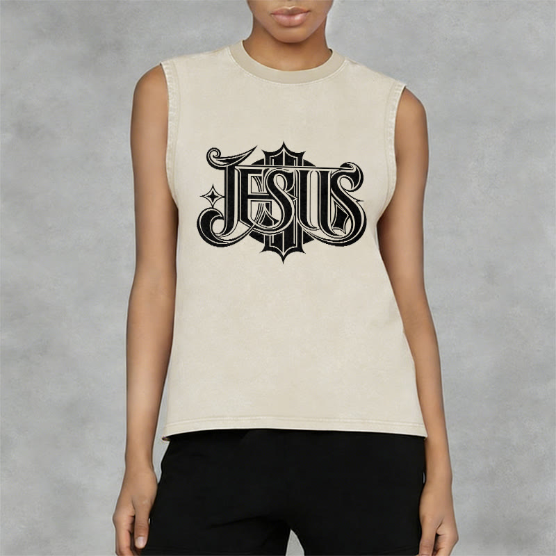 Christianartworkshop Camiseta sin mangas unisex lavada con la letra gótica JESÚS - image 11