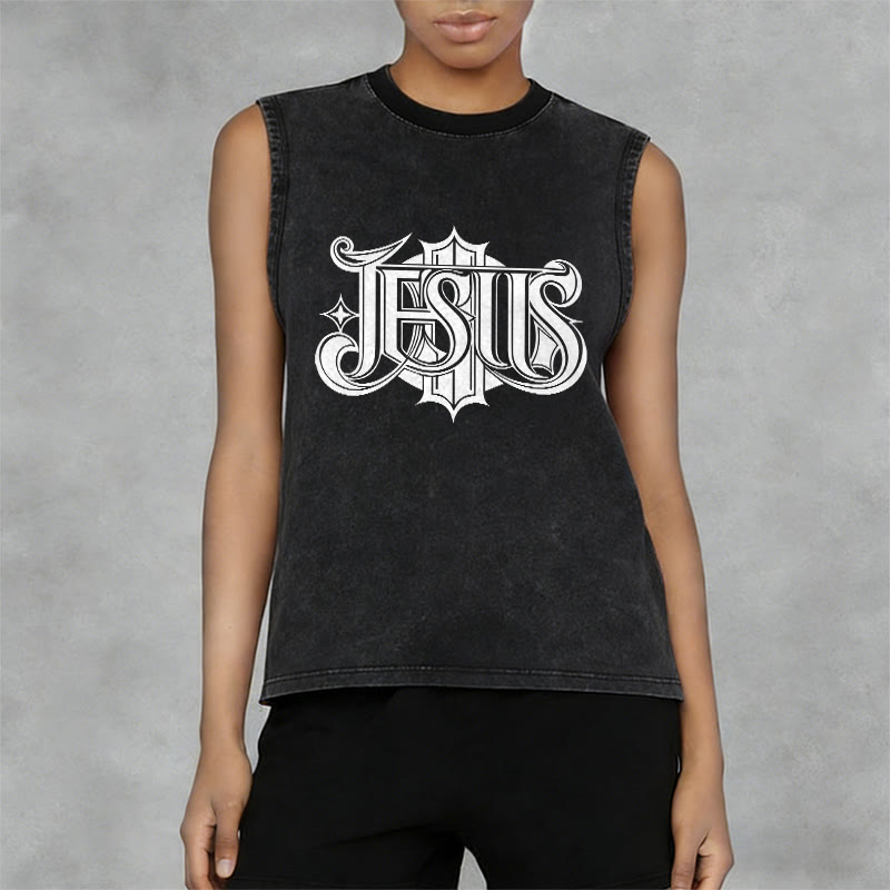 Christianartworkshop Camiseta sin mangas unisex lavada con la letra gótica JESÚS - image 2