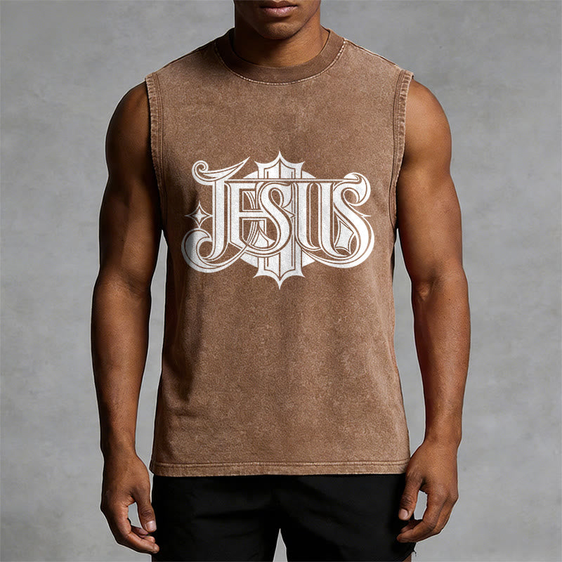 Christianartworkshop Camiseta sin mangas unisex lavada con la letra gótica JESÚS - image 7