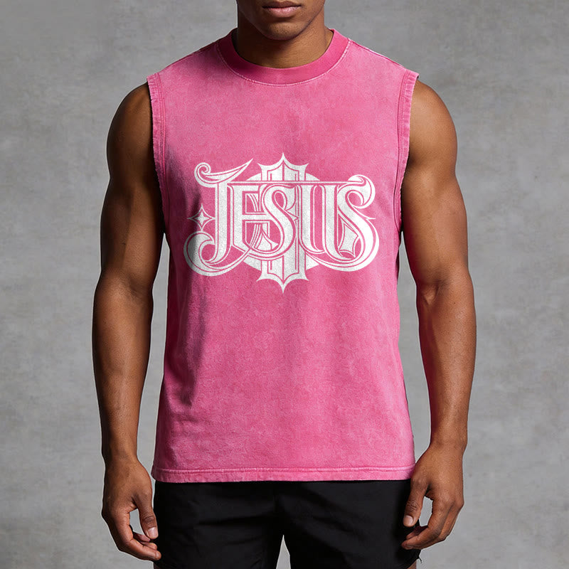 Christianartworkshop Camiseta sin mangas unisex lavada con la letra gótica JESÚS - image 13