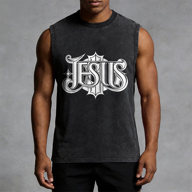 Christianartworkshop Camiseta sin mangas unisex lavada con la letra gótica JESÚS - image 1