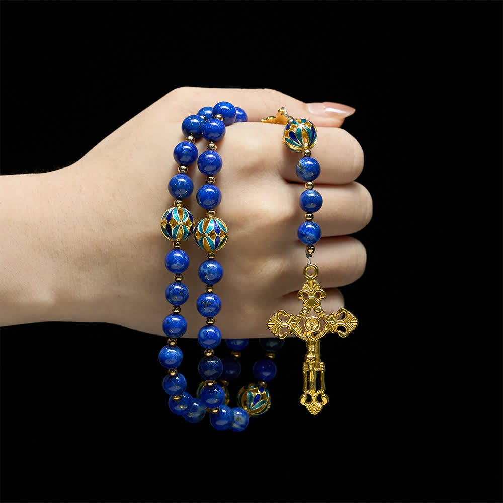 Christianartworkshop Rosario antiguo de la Virgen María en lapislázuli azul profundo con detalles de esmalte cloisonné. - image 1