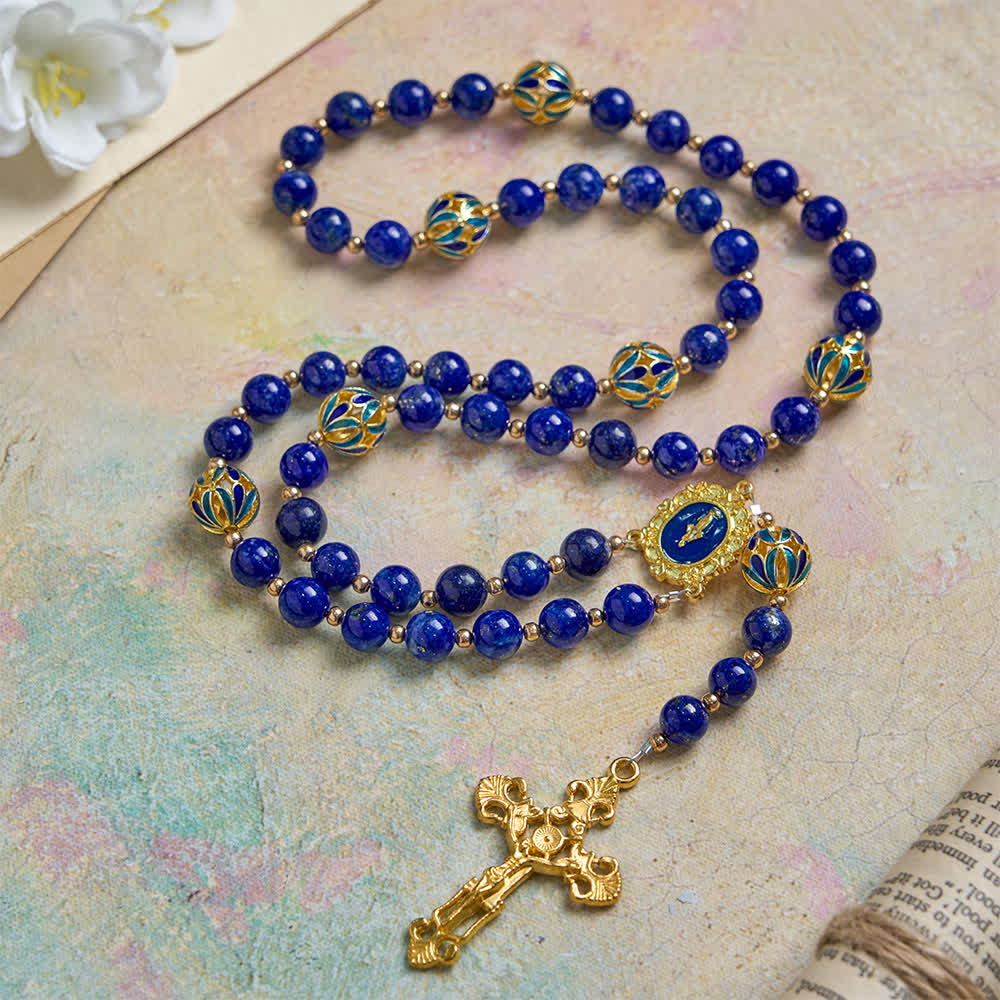 Christianartworkshop Rosario antiguo de la Virgen María en lapislázuli azul profundo con detalles de esmalte cloisonné. - Nuestra Señora y el Crucifijo - image 0