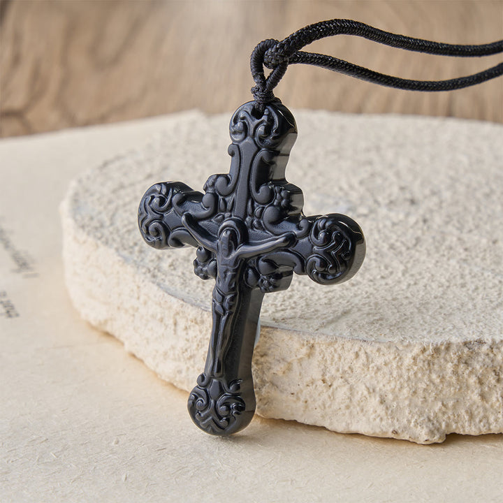 Christianartworkshop Collar con colgante de crucifijo de obsidiana de estilo clásico - Negro - image 0