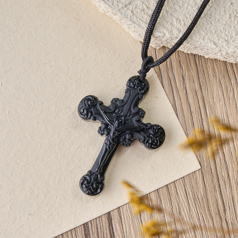 Christianartworkshop Collar con colgante de crucifijo de obsidiana de estilo clásico - image 3