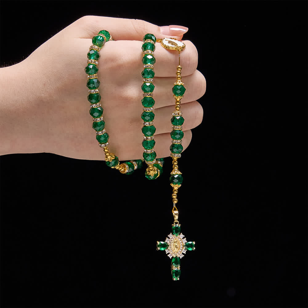 Christianartworkshop Rosario de cristal facetado verde esmeralda con una lujosa cruz de la Virgen María - image 1