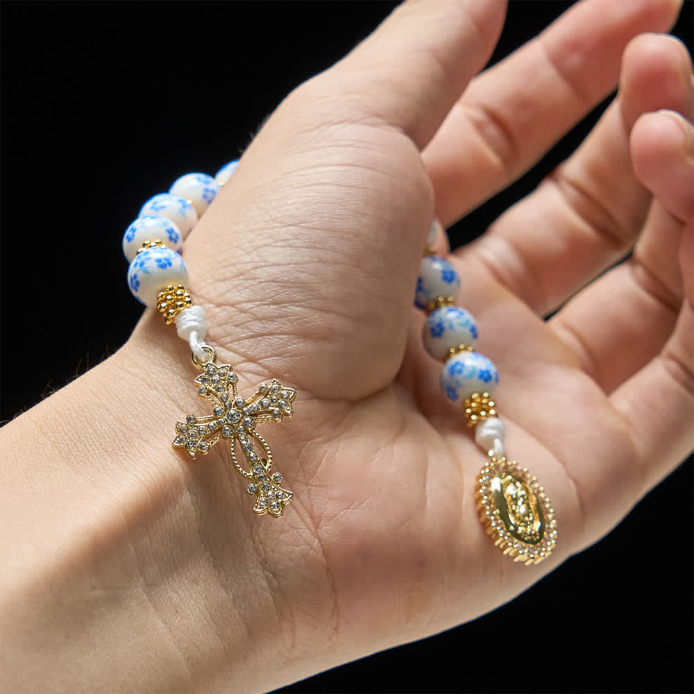 Christianartworkshop Rosario de bolsillo de porcelana azul con motivos florales, elegante imagen de la Virgen María y la cruz. - image 1