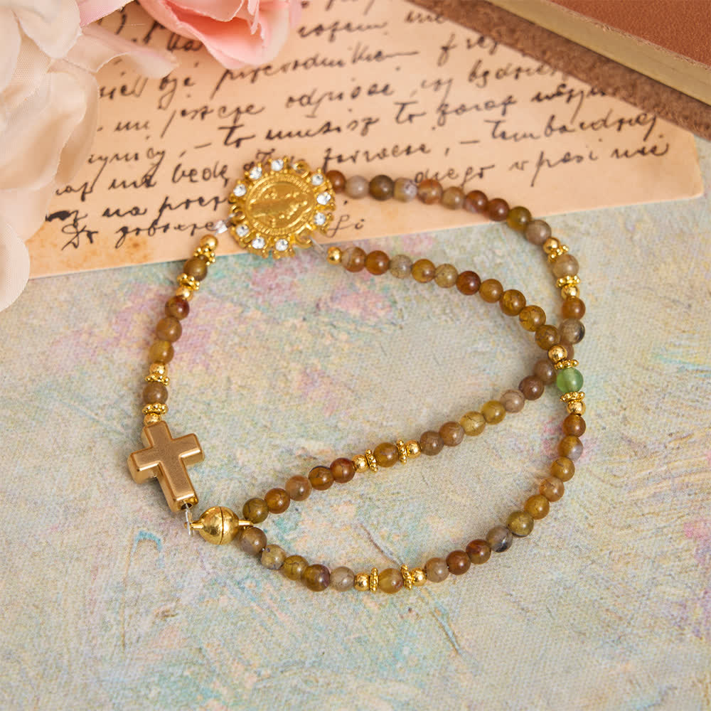 Christianartworkshop Pulsera de rosario magnética de ágata con vetas de dragón y San Benito dorado - Ágata con vetas de dragón (circunferencia de la muñeca: 19 cm) - image 0