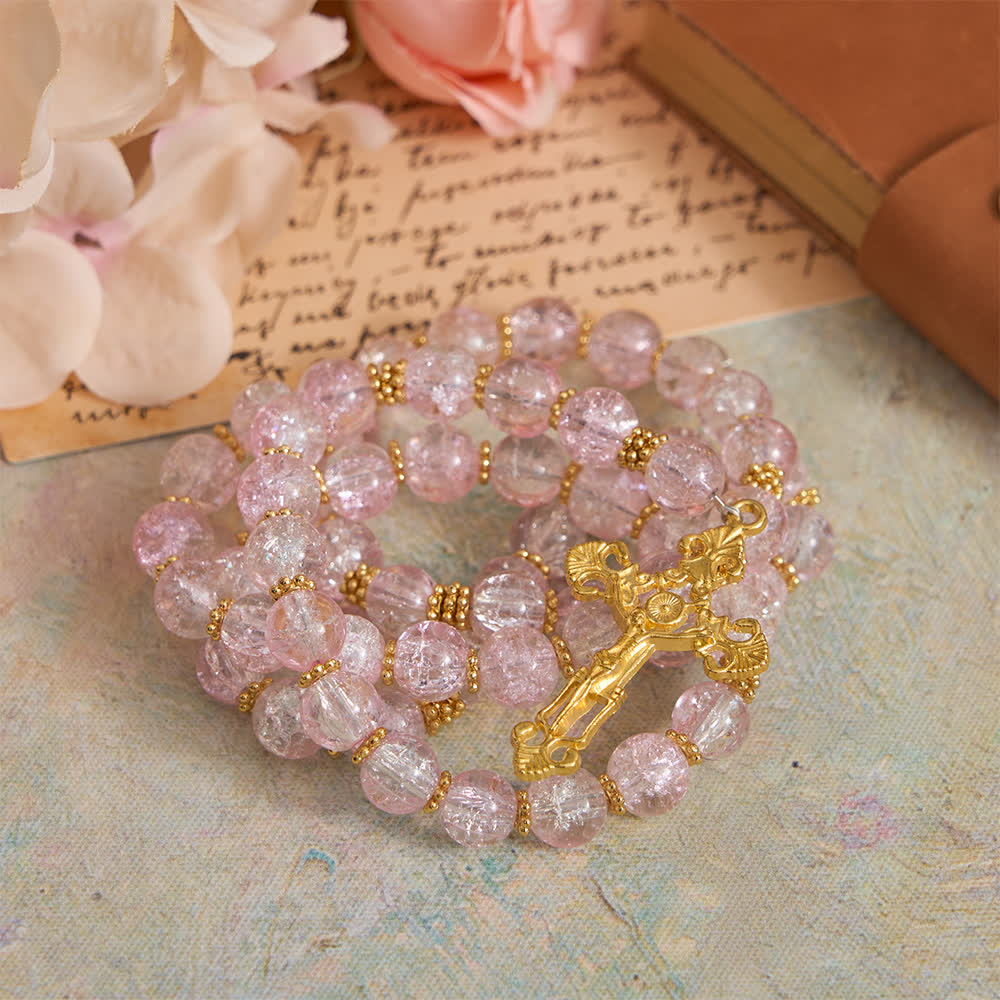 Christianartworkshop Rosario de cristal craquelado rosa y blanco con crucifijo ornamentado. - image 5