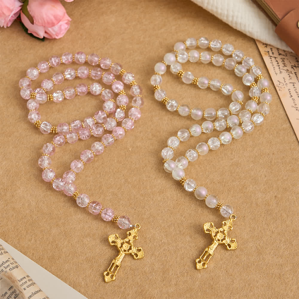 Christianartworkshop Rosario de cristal craquelado rosa y blanco con crucifijo ornamentado. - image 2