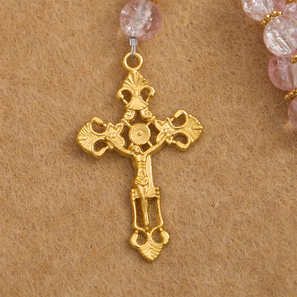 Christianartworkshop Rosario de cristal craquelado rosa y blanco con crucifijo ornamentado. - image 14