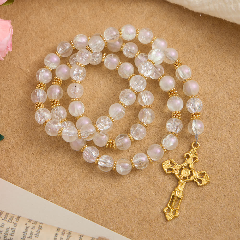 Christianartworkshop Rosario de cristal craquelado de dos colores con crucifijo ornamentado: un recuerdo sagrado para el alma. - Blanco - image 0