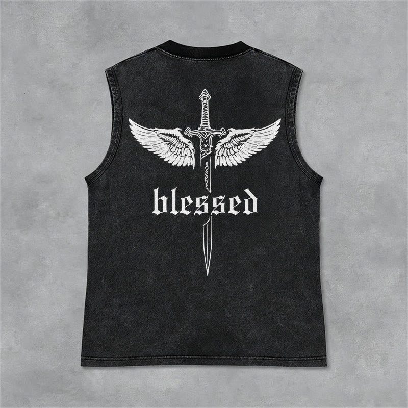 Christianartworkshop Camiseta sin mangas unisex lavada con alas de espada bendita - Negro - 2XL - image 0