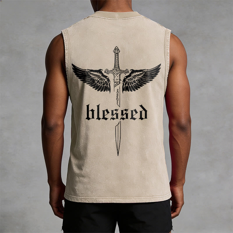 Christianartworkshop Camiseta sin mangas unisex lavada con alas de espada bendita - image 4