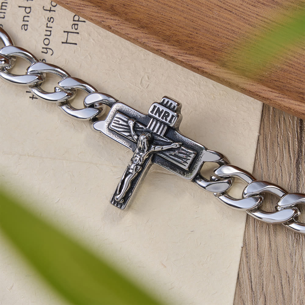 Christianartworkshop Pulsera de eslabones cubanos de alta resistencia con crucifijo y detalles INRI. - image 3