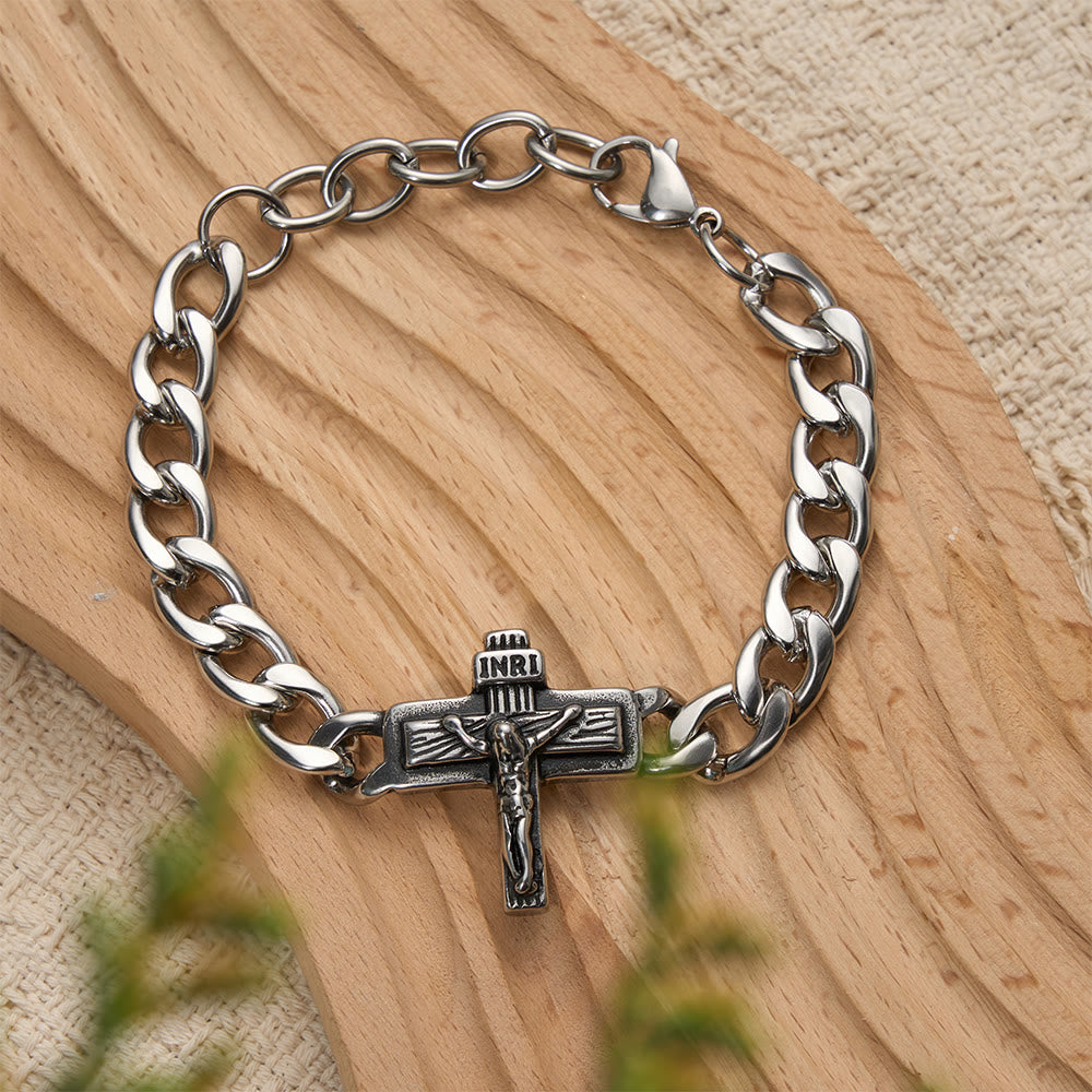 Christianartworkshop Pulsera de eslabones cubanos de alta resistencia con crucifijo y detalles INRI. - image 1