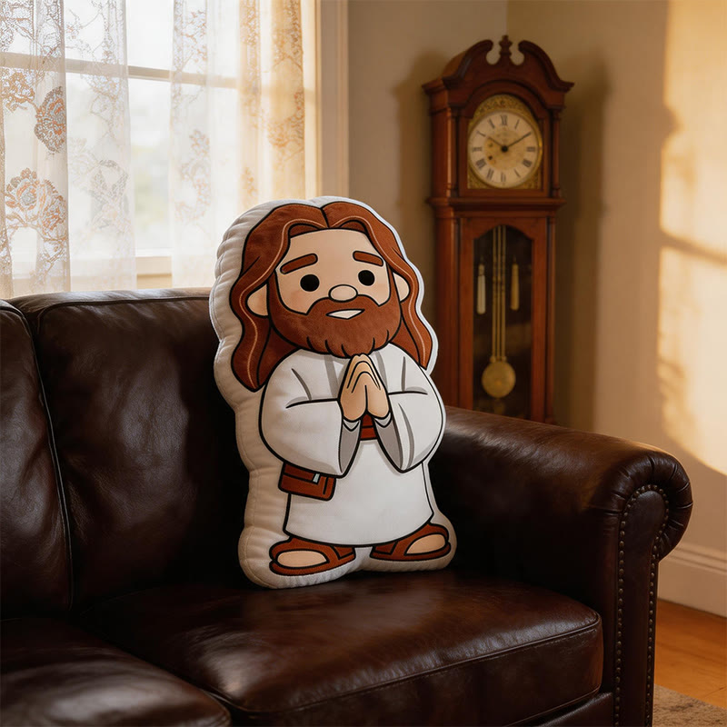 Christianartworkshop Adorable cojín de peluche con forma de Jesús rezando en dibujos animados: decoración para el hogar inspirada en la fe y llena de fantasía. - image 2