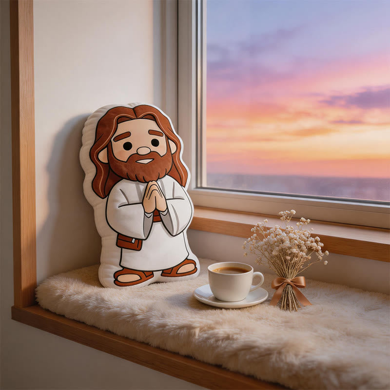 Christianartworkshop Adorable cojín de peluche con forma de Jesús rezando en dibujos animados: decoración para el hogar inspirada en la fe y llena de fantasía. - image 1