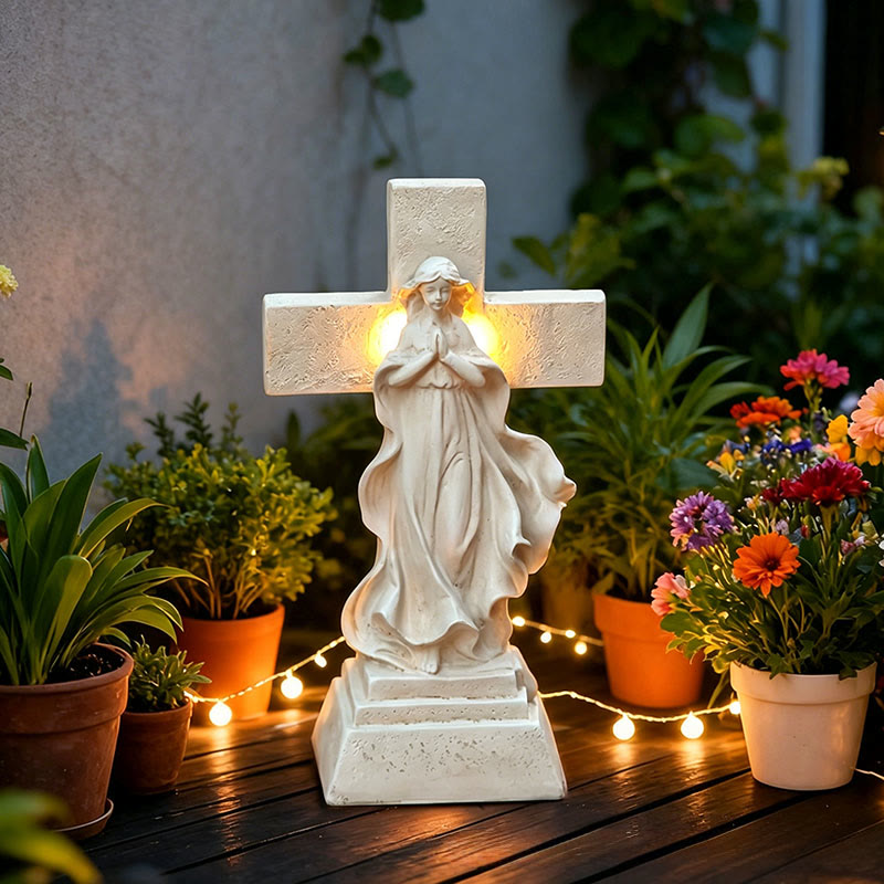 Christianartworkshop Estatua de jardín de la Virgen María con cruz iluminada con energía solar: un símbolo de la gracia mariana y la luz divina. - Virgen María y Cruz - image 0