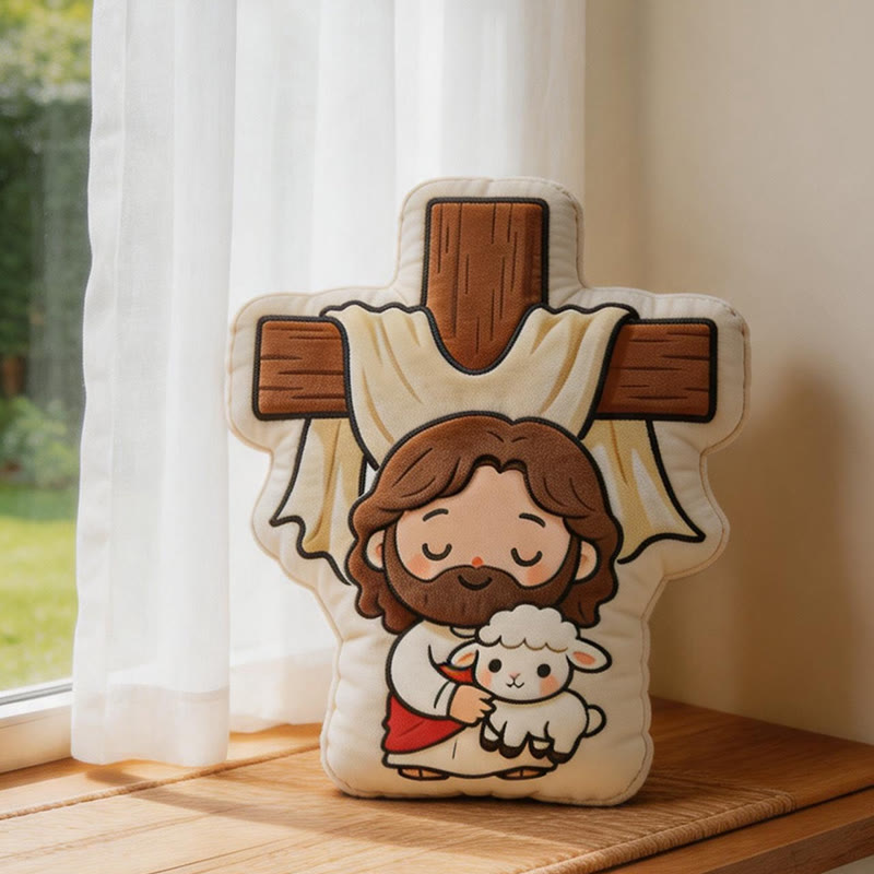 Christianartworkshop Adorable cojín de peluche con forma de cruz de Jesús y cordero: decoración acogedora para el hogar inspirada en la fe. - image 1