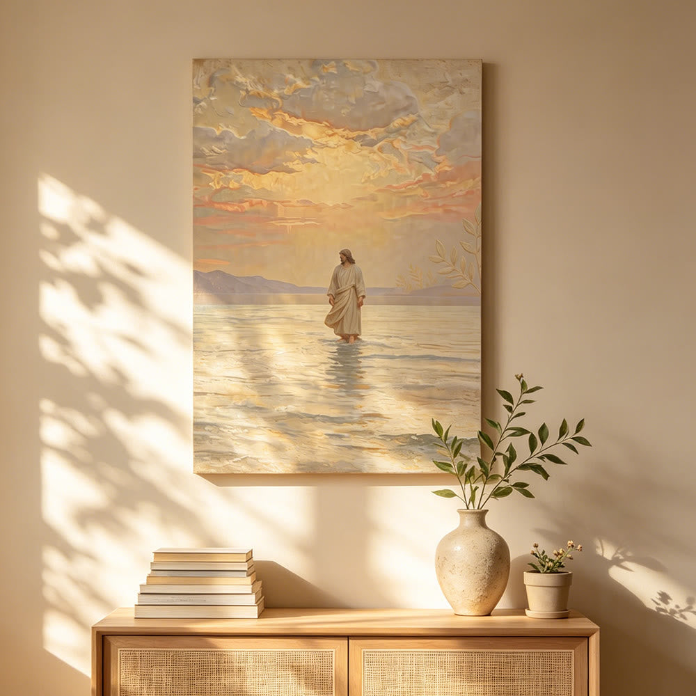 Christianartworkshop Estampado de Jesús al atardecer sobre el agua: Un símbolo diario de esperanza y de cómo superar lo imposible. - image 1