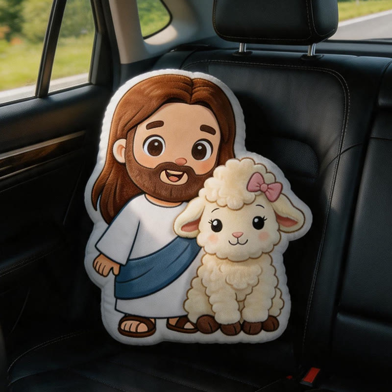 Christianartworkshop Adorable cojín decorativo de peluche con dibujos animados de Jesús y un cordero: Un toque delicado y fiel. - 24" (60 cm) - image 0