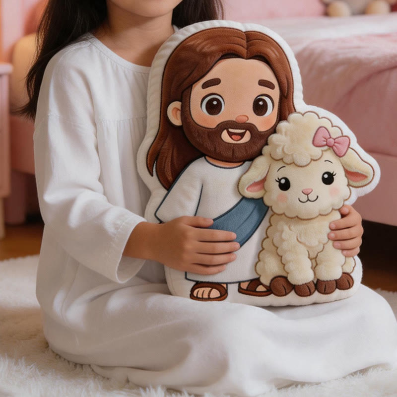 Christianartworkshop Adorable cojín decorativo de peluche con dibujos animados de Jesús y un cordero: Un toque delicado y fiel. - image 1