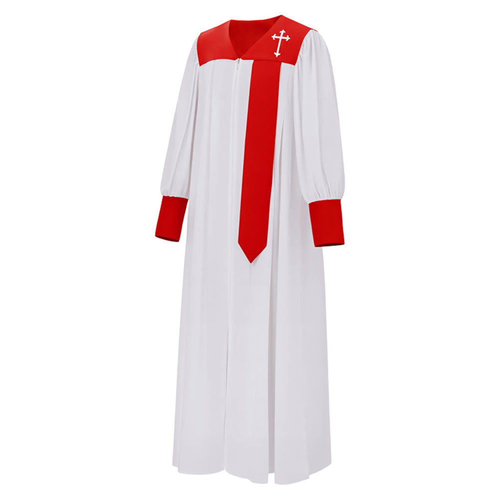 Christianartworkshop Distintiva túnica blanca de clérigo con cuello rojo y emblema de cruz. - image 1