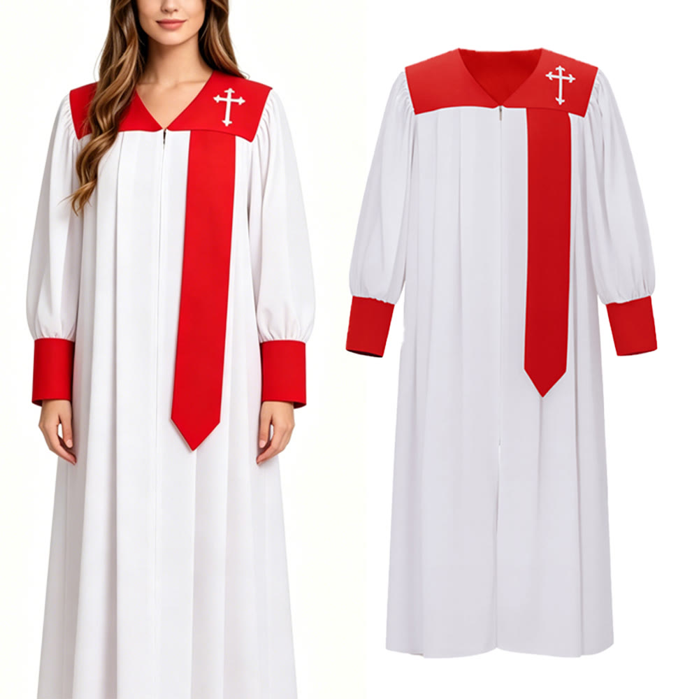 Christianartworkshop Distintiva túnica blanca de clérigo con cuello rojo y emblema de cruz. - image 4